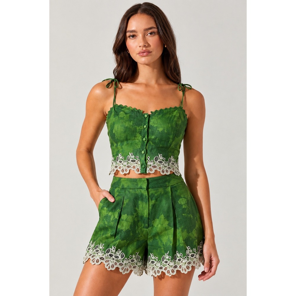 ASTR The Label Set Top Shorts Lace Trim Crop Top High Waist Avocado Green Medium